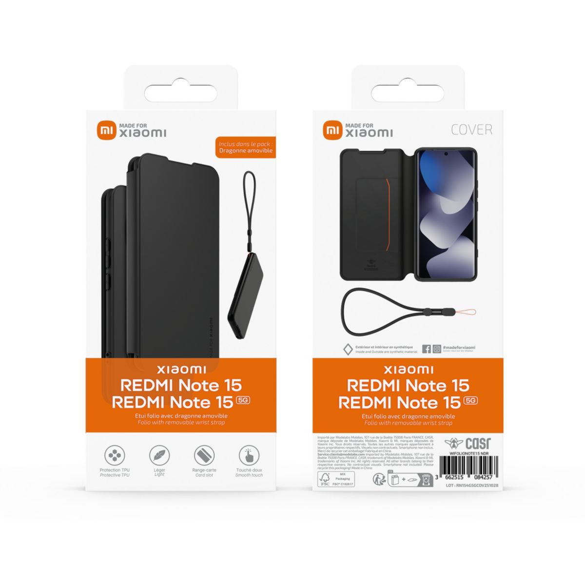 Etui avec cordon Redmi Note 15 4G/5G Noir + dragonne couleur unique, MADE FOR XIAOMI