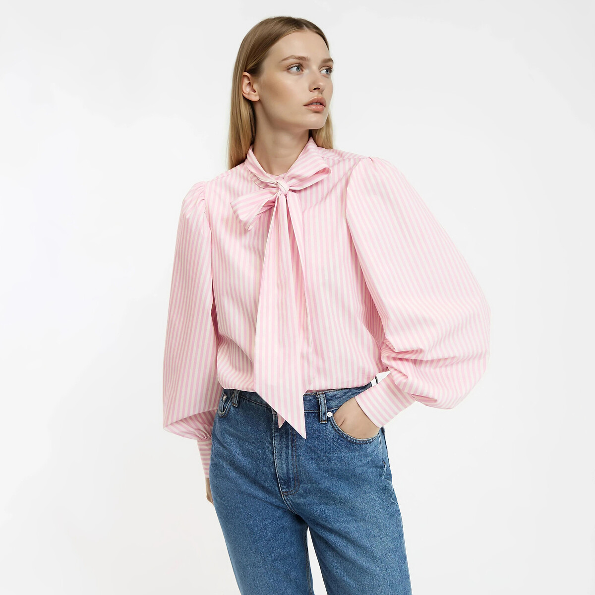 Striped pussy bow blouse with long sleeves pink/white striped, LA REDOUTE COLLECTIONS