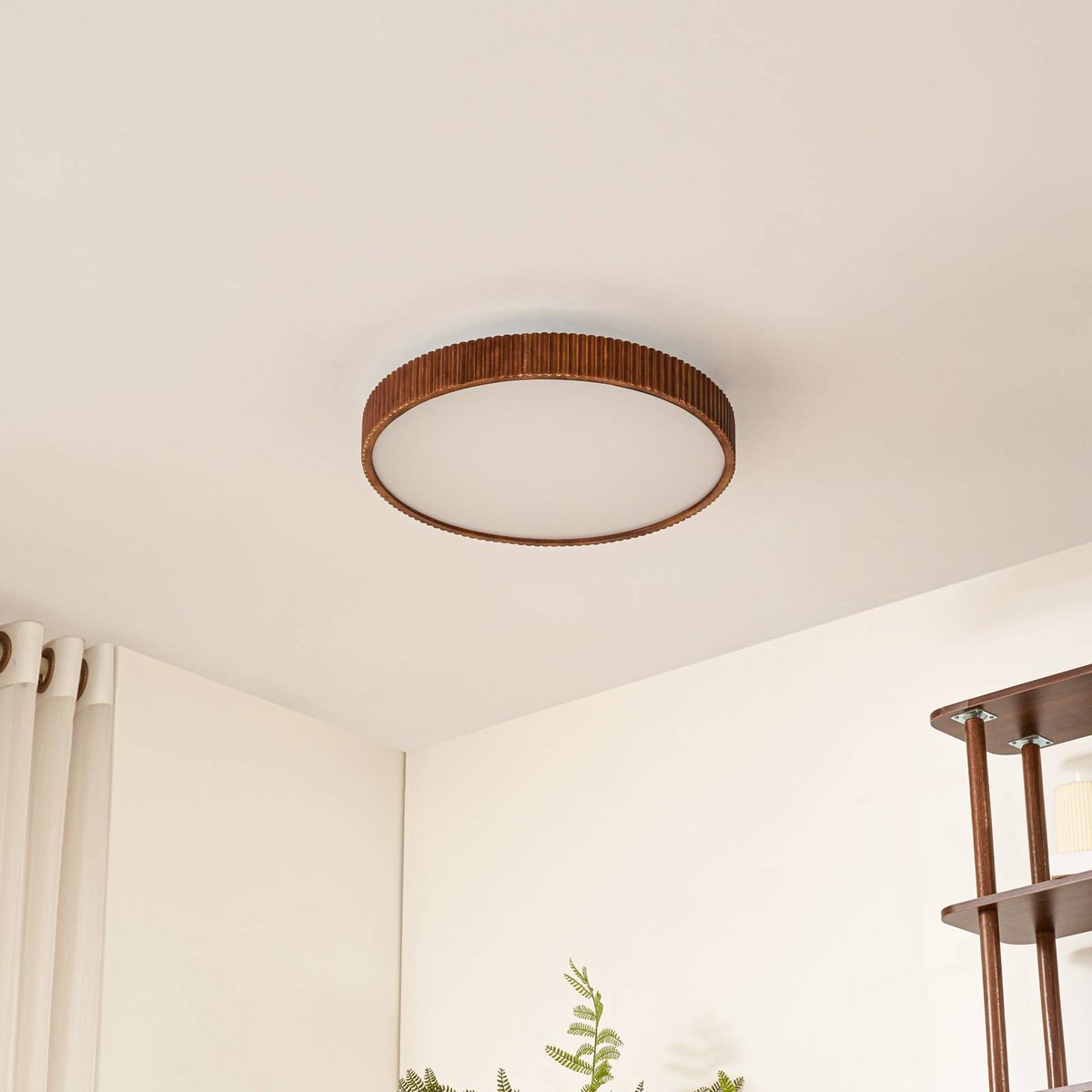 Plafonnier en bois moderneLED, Velua blanc, bois foncé, LINDBY