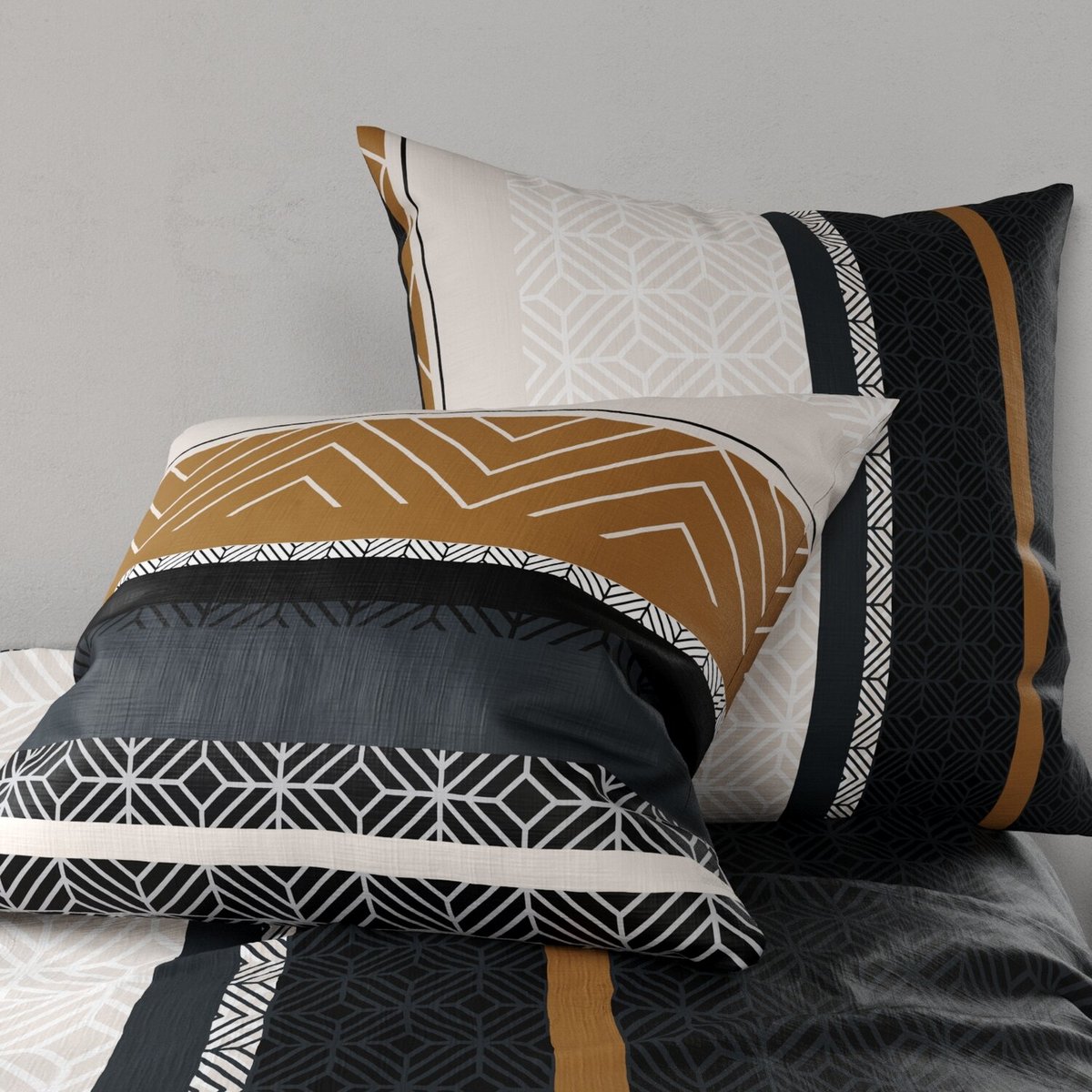 Parure housse de couette en coton imprimée, Trophé gris, ATELIER DU COTON