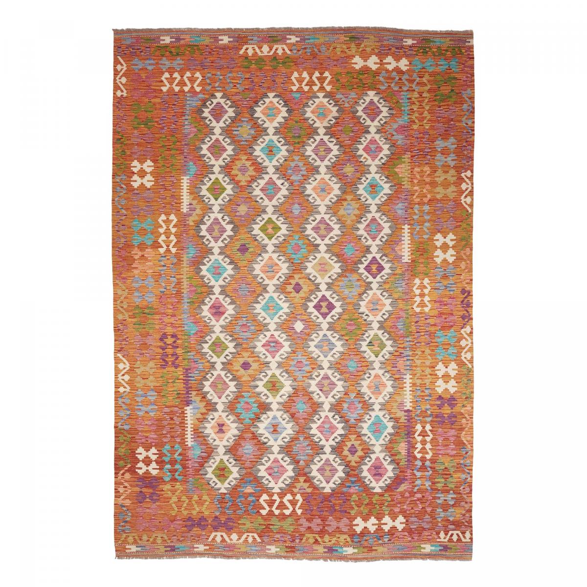 Tapis kilim, motif ethnique authentique, tissé en laine, KILIM 30 multicolore, bleu, orange, UN AMOUR DE TAPIS