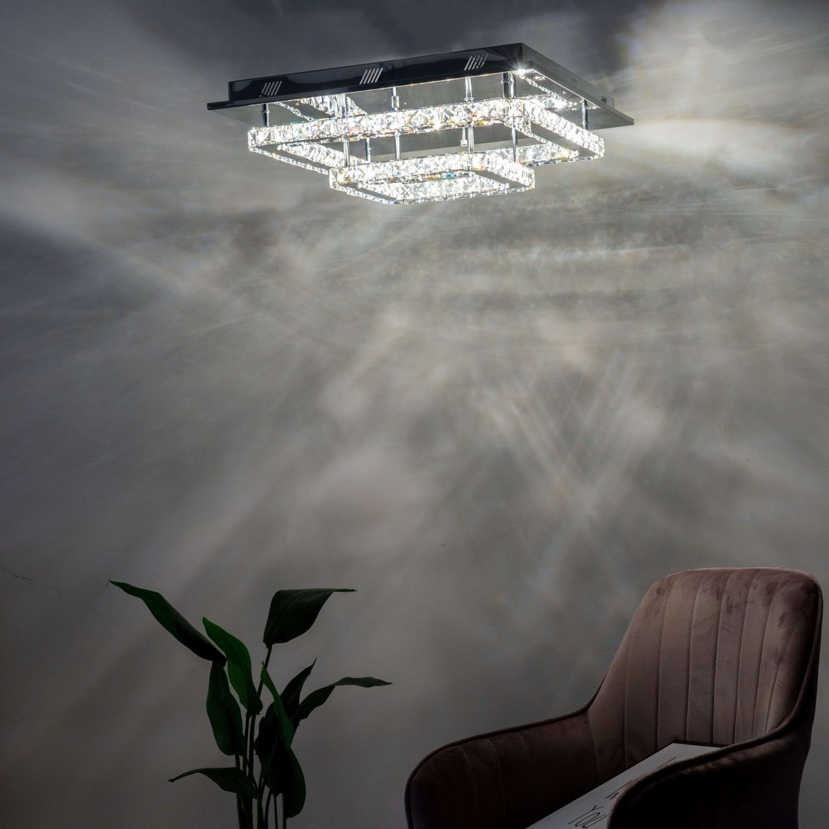 Plafonnier LED carré cristal - WADE argenté / chromé, KOSILUM