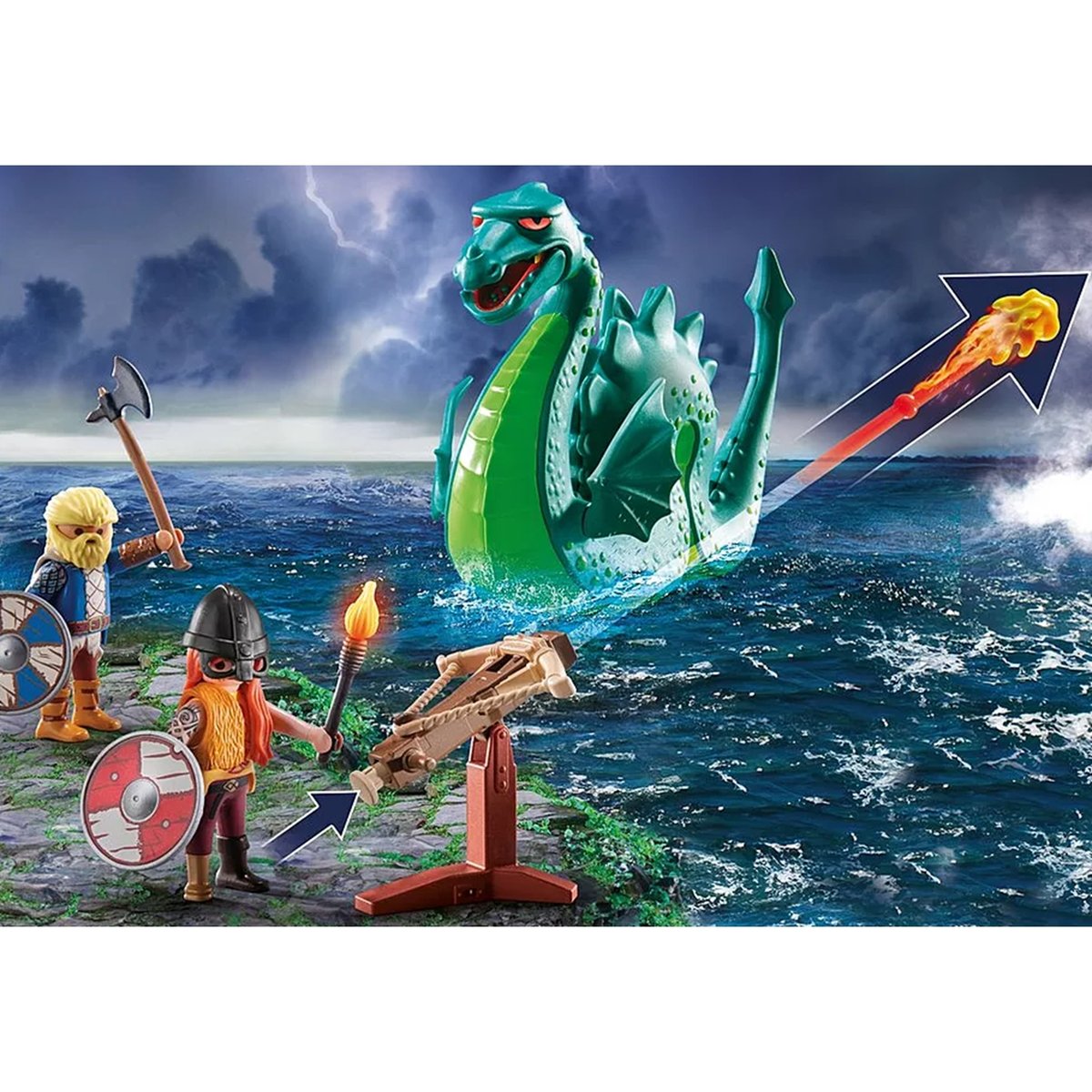 Duo de Vikings, barque, canon et monstre marin multicolore, PLAYMOBIL