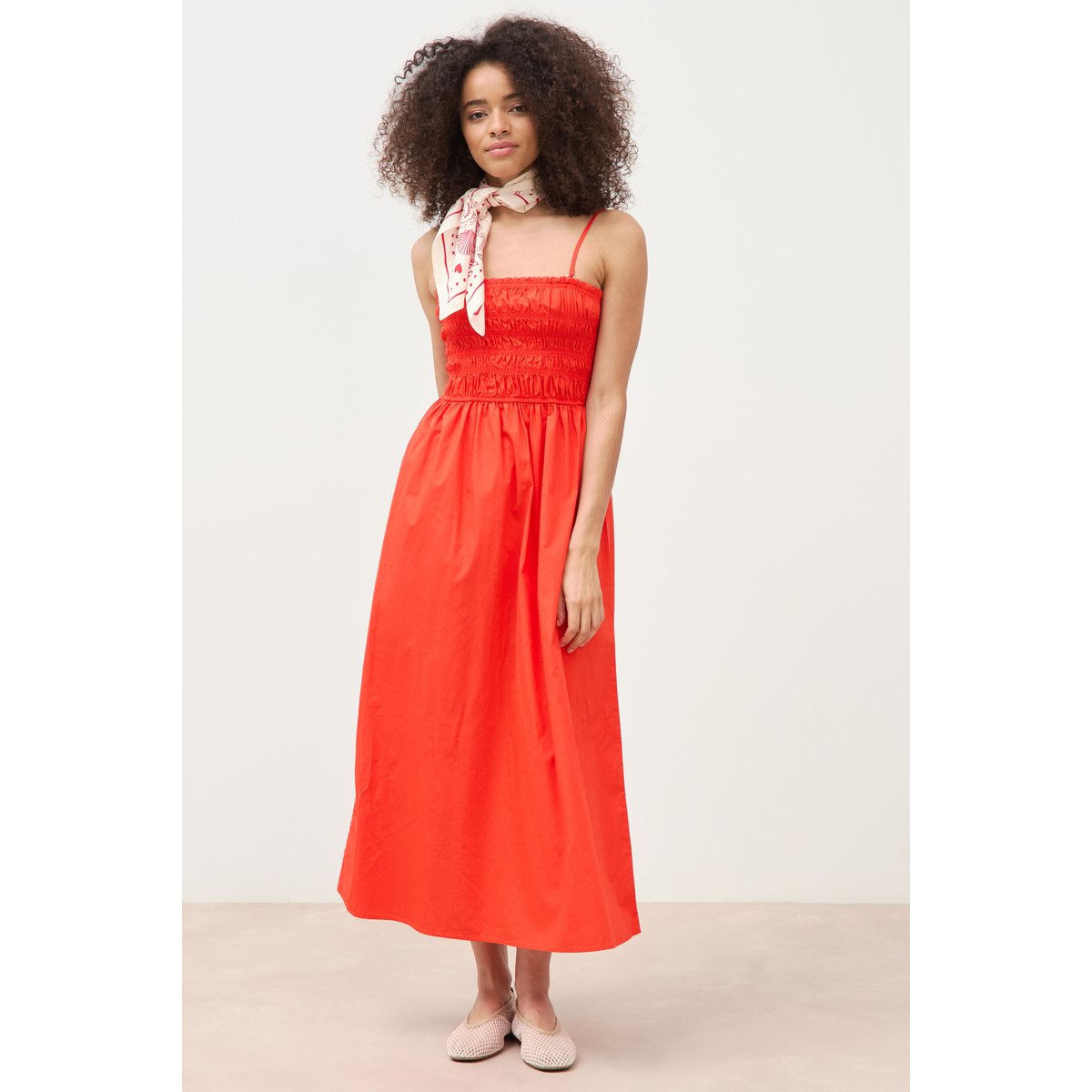 Robe bretelles col carré en coton orange foncé, BONOBO
