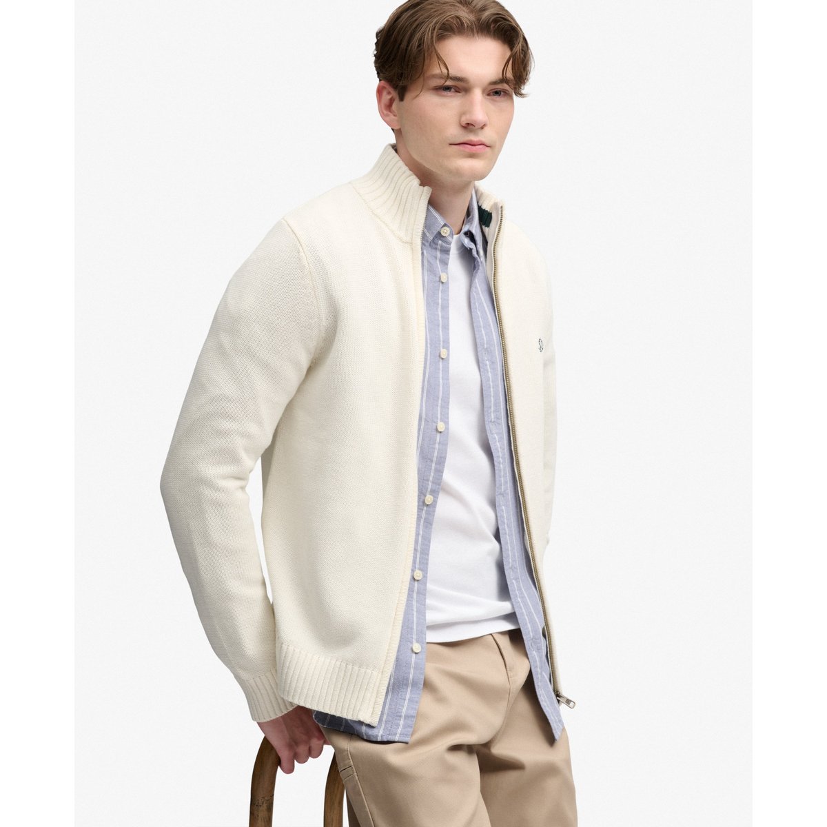 Pull en maille à fermeture éclair crème, SUPERDRY