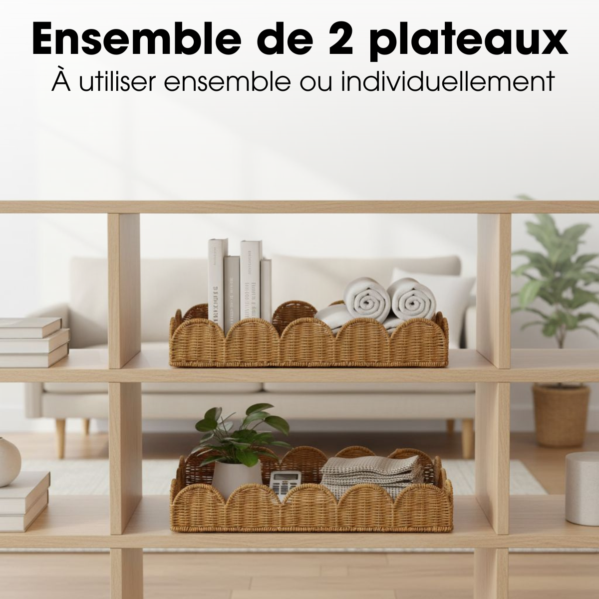Lot de 2 plateaux en rotin tressé ELETA marron clair, MICA DECORATIONS
