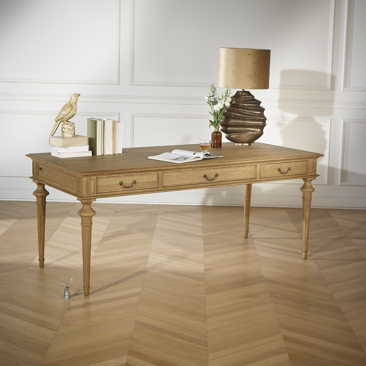 Bureau style shabby chic, plateau en chêne, 3 tiroirs MEGHAN marron, ROBIN DES BOIS