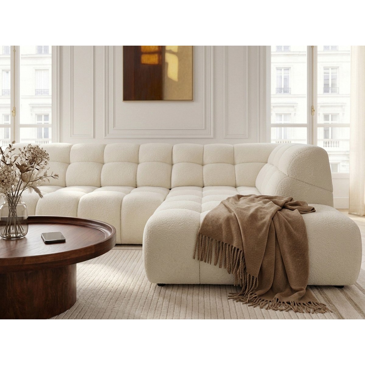 Canapé d'angle convertible 4 places en tissu chenille, ANDRE blanc, BOBOCHIC