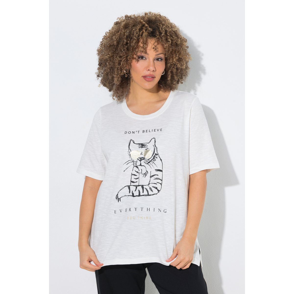 T-shirt oversize, motif chat blanc cassé, ULLA POPKEN