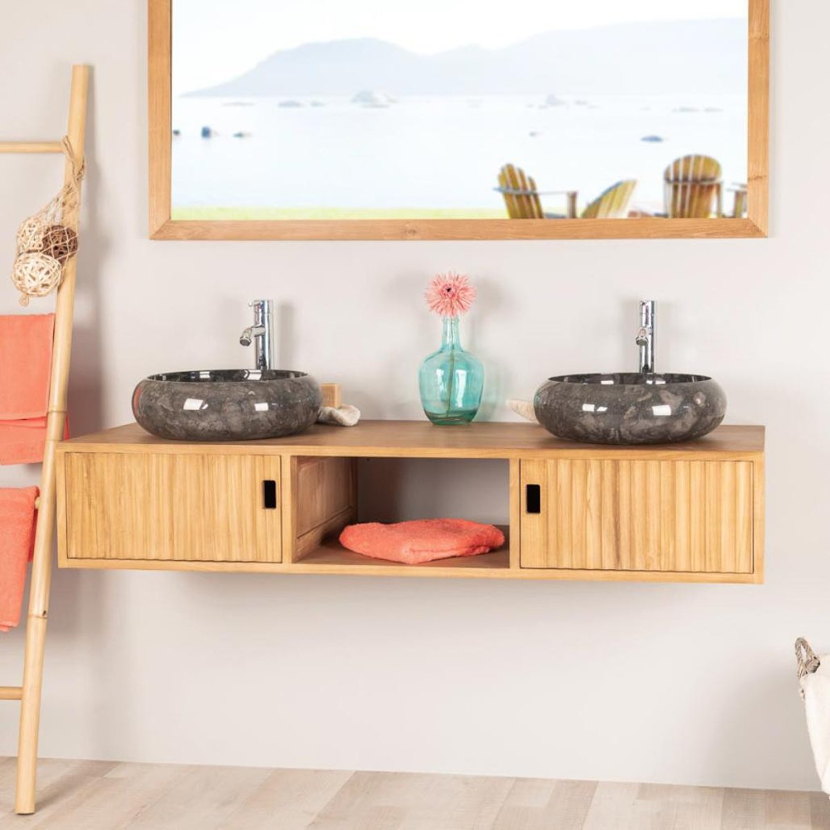 Meuble suspendu de en teck rectangle double vasque 145 cm MYA naturel, WANDA COLLECTION