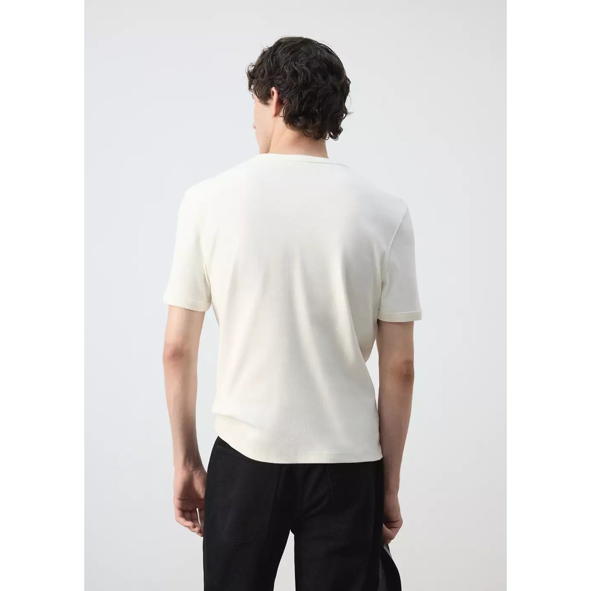 T-shirt slim fit en coton côtelé blanc, MANGO MAN