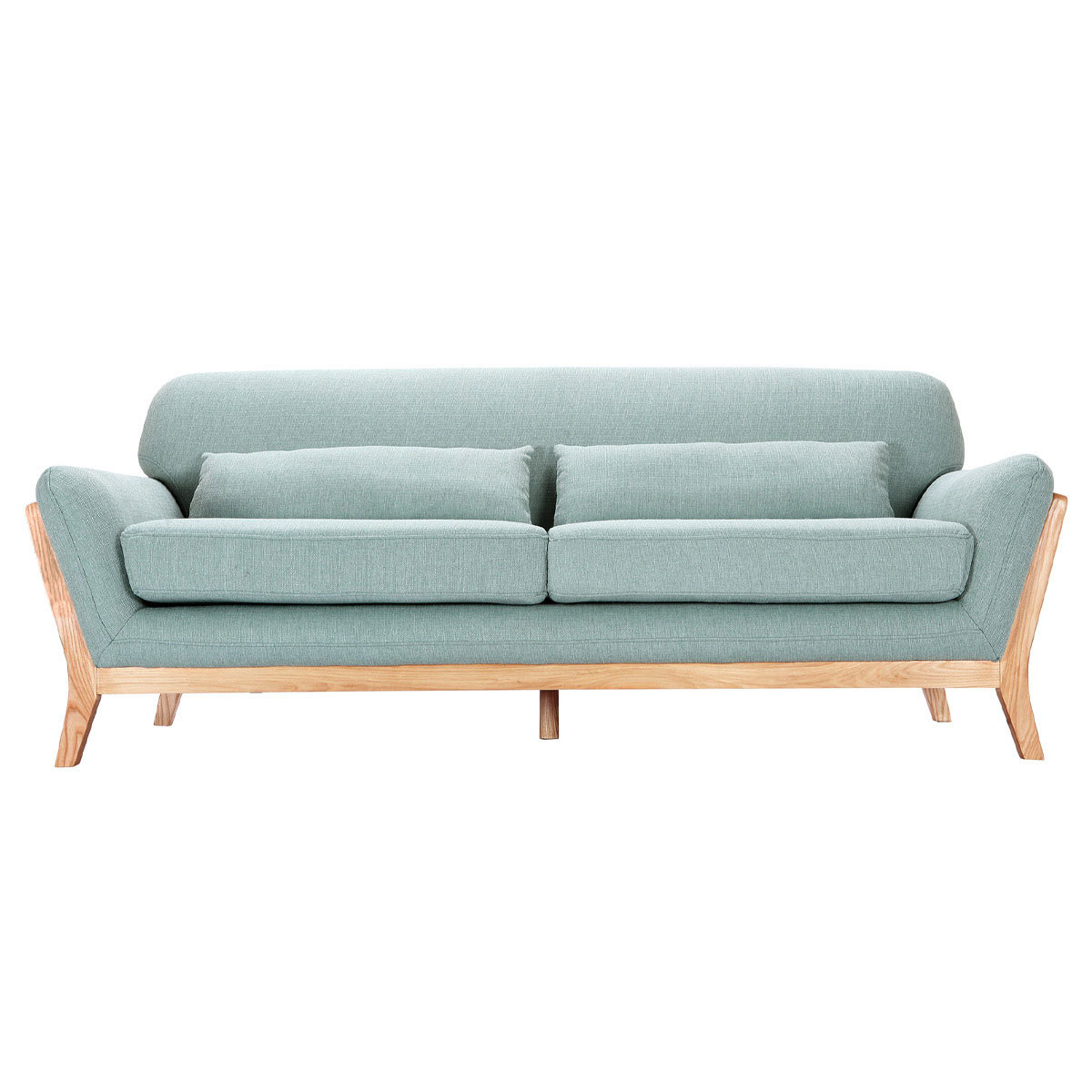 Canapé scandinave 3 places en tissu effet velours texturé terre brûlée et bois clair YOKO vert lagon, MILIBOO