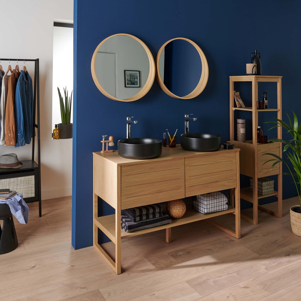 Meuble double +vasque +miroir +colonne ATOLL bois clair, MOB IN