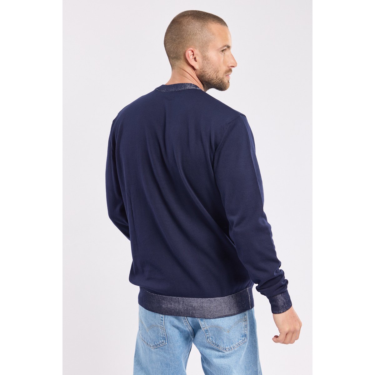Pull poche poitrine en coton marine deep / blanc, GUY DE BERAC