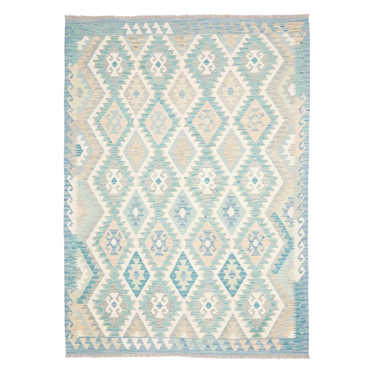 Tapis kilim, motif géométrique authentique, tissé à plat, KILIM 62 bleu, beige, crème, UN AMOUR DE TAPIS