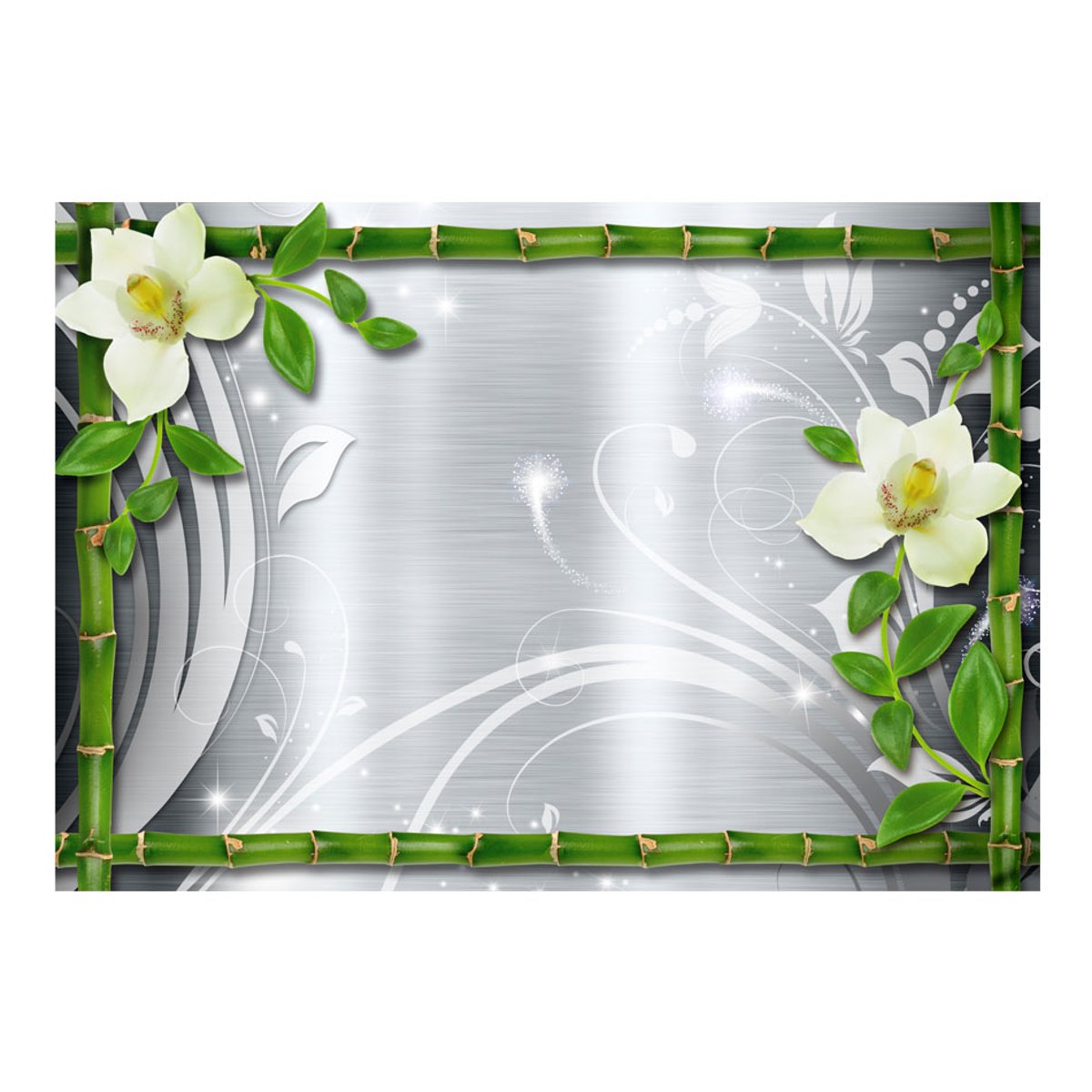 Papier peint intissé panoramique Fleurs Bamboo and two orchids vert, EDEN