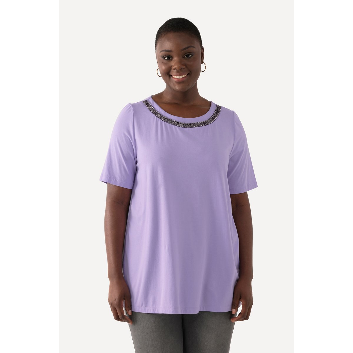 T-shirt, dos plissé, col rond lavande clair, ULLA POPKEN