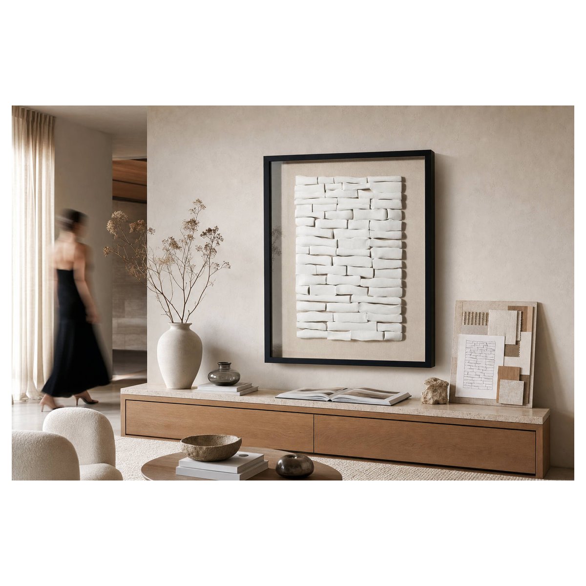 Tableau mural contemporain en relief noir, crème et blanc, RECOLLECTION