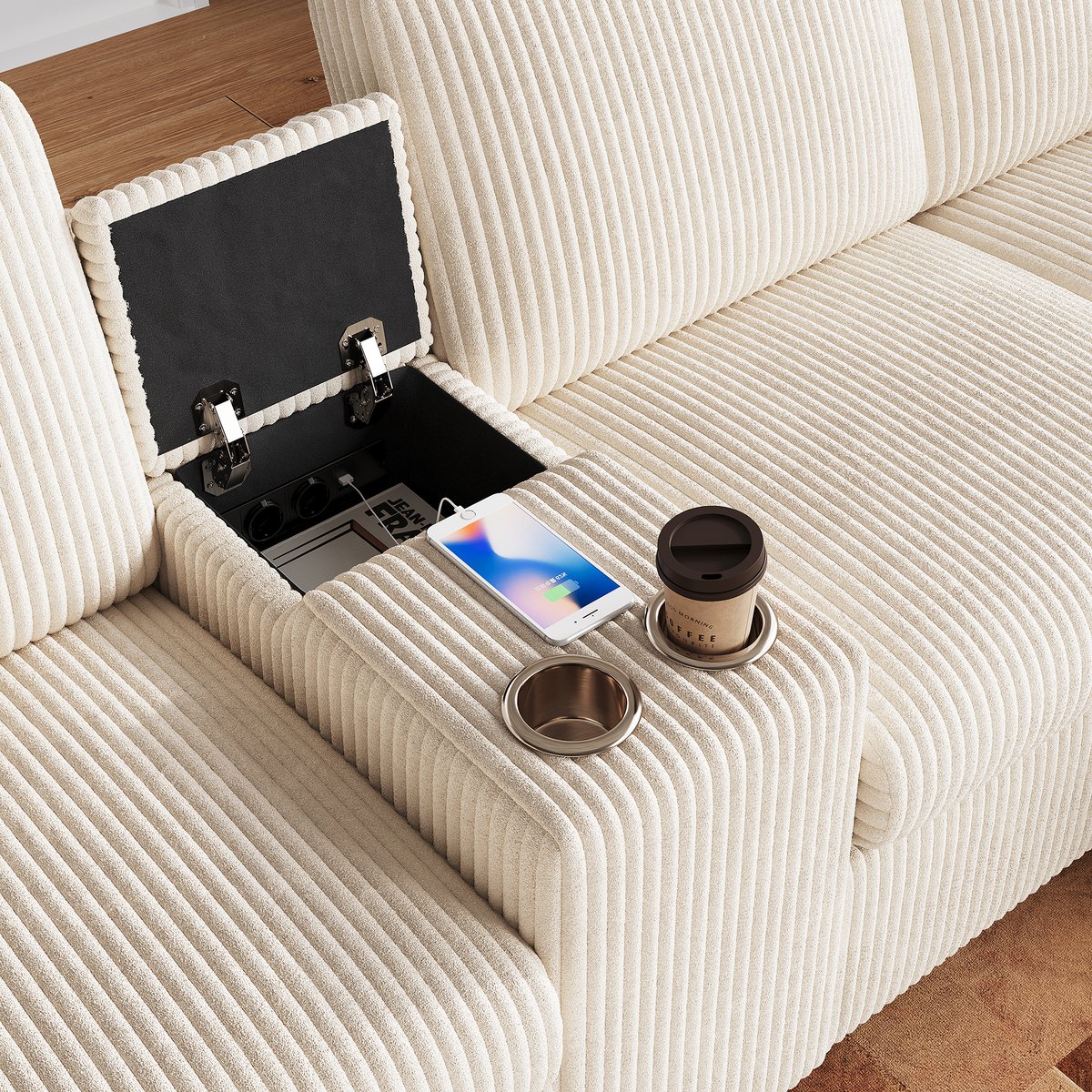 Canapé d’angle U en velours côtelé avec coffre VASED beige, MEUBLES COSY