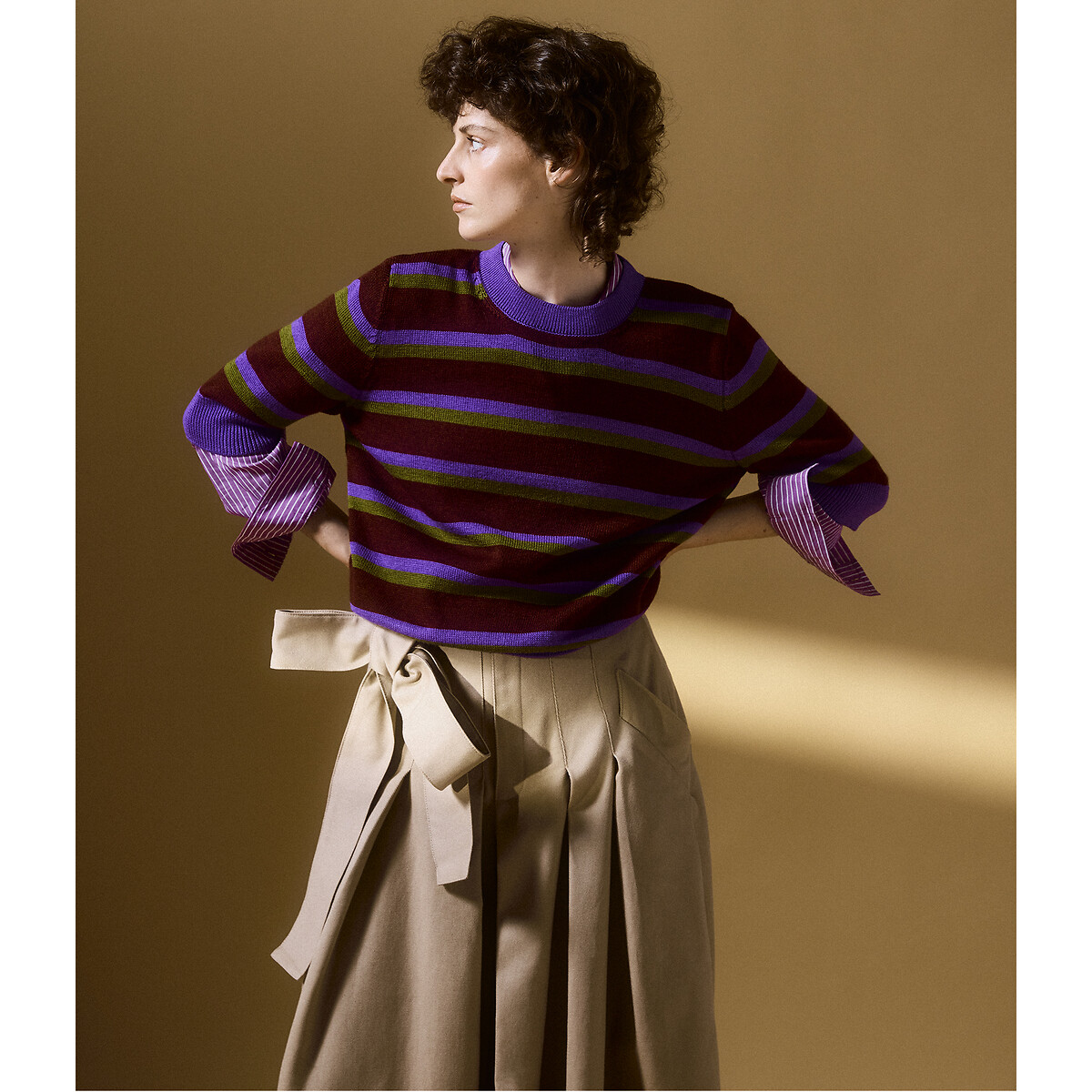 Maglione a collo rotondo, maniche a 3/4, in lana merino rigato multicolore, LA REDOUTE X MAZORCAS