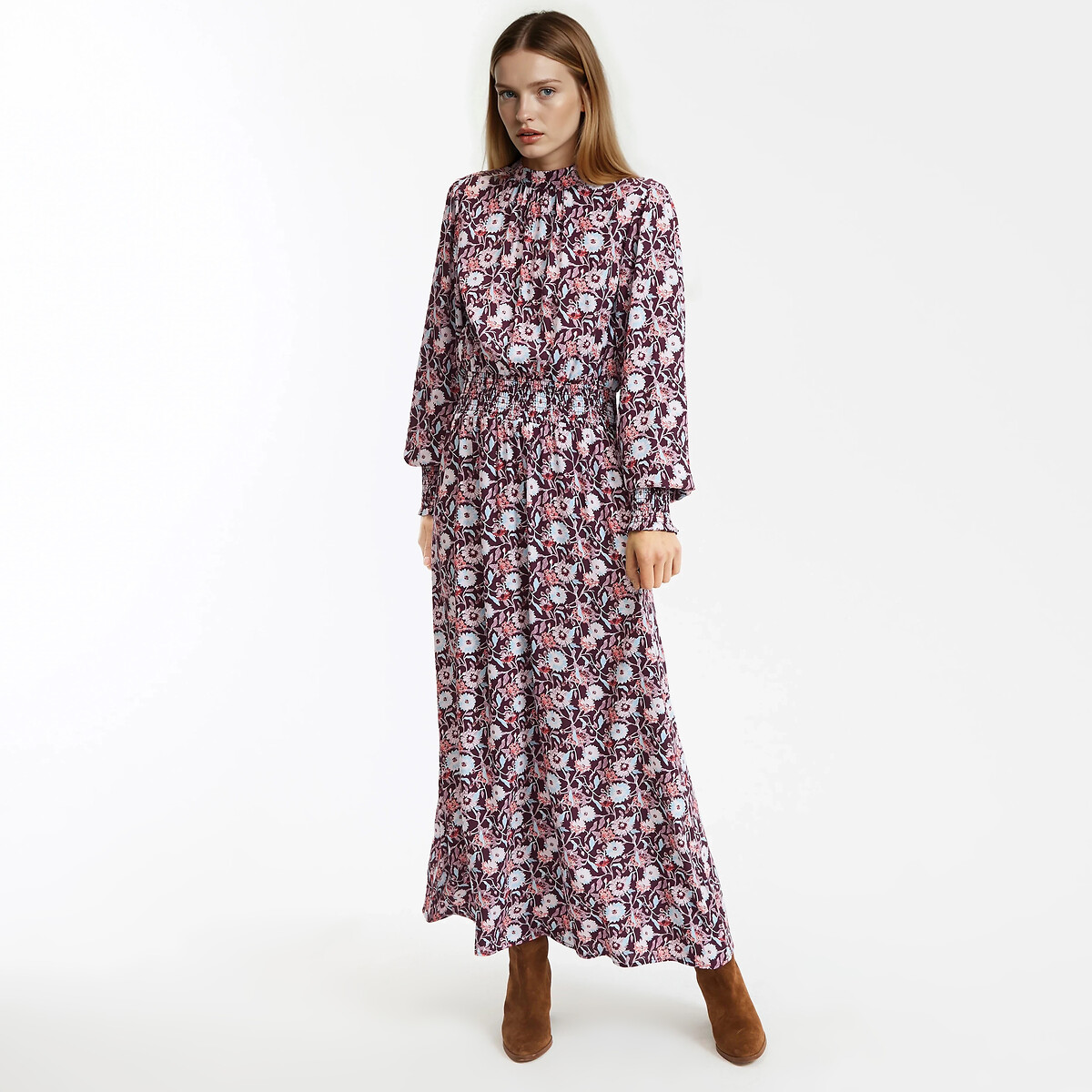 Robe évasée, imprimé floral, longue imprimé fond marron, LA REDOUTE COLLECTIONS