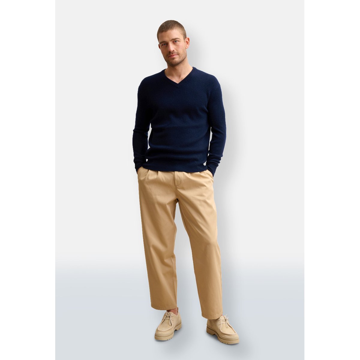Pull Col V 4 Fils Navy Nathan bleu foncé, JUST CASHMERE