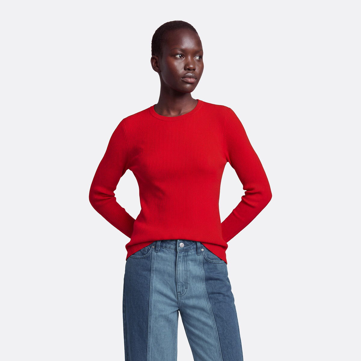 Fine Knit Crew Neck Jumper dark red, LA REDOUTE COLLECTIONS