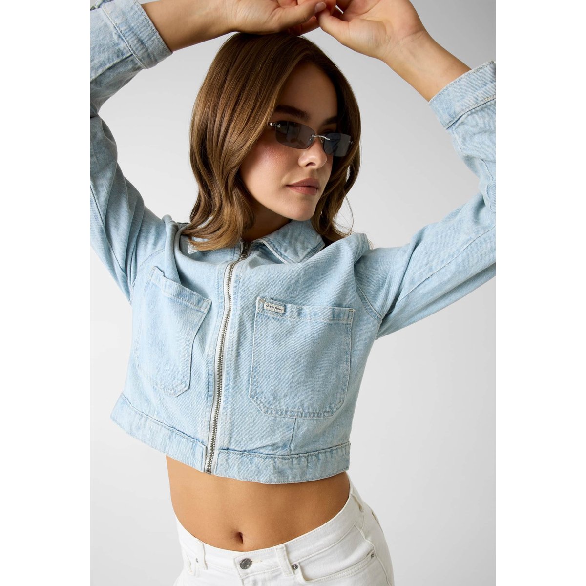 Veste En Denim Cropped bleu clair, GUESS JEANS