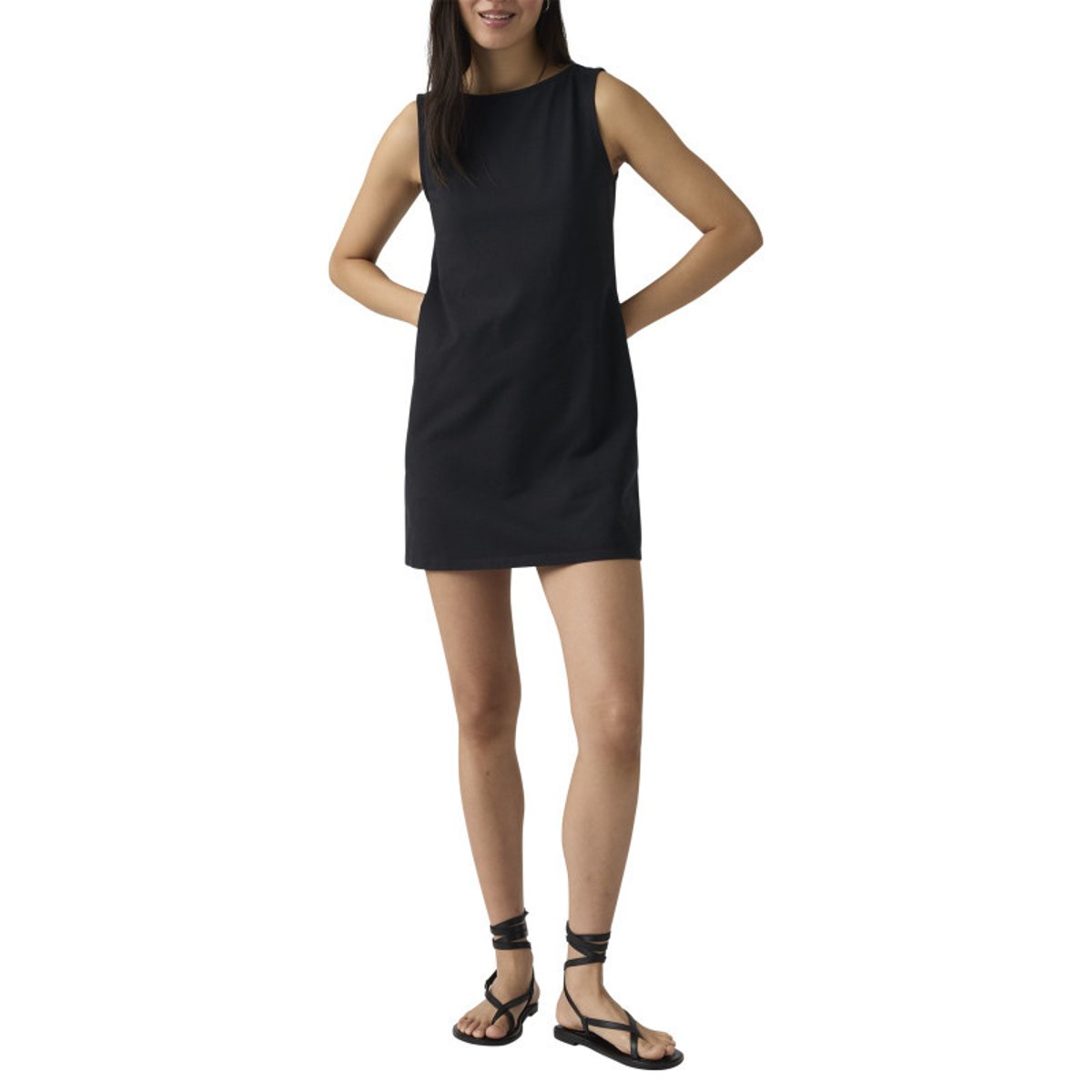 Robe courte en coton mélangé noire uni avec une coupe droite et un col rond noir, LEVI'S