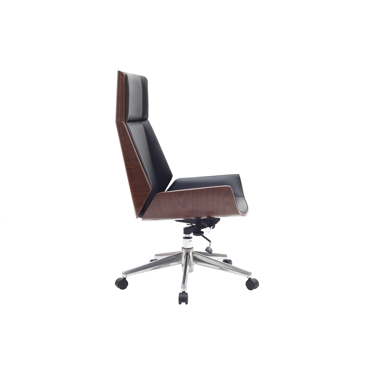 Fauteuil de bureau de direction design en tissu effet velours texturé beige, bois foncé et acier chromé CURVED noyer / noir, MILIBOO