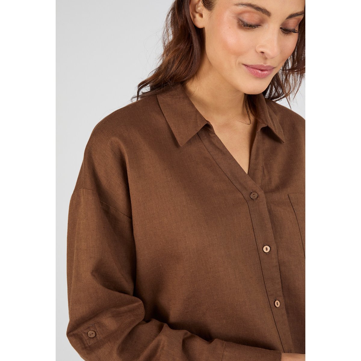Chemise mélange lin et coton marron foncé, DAMART