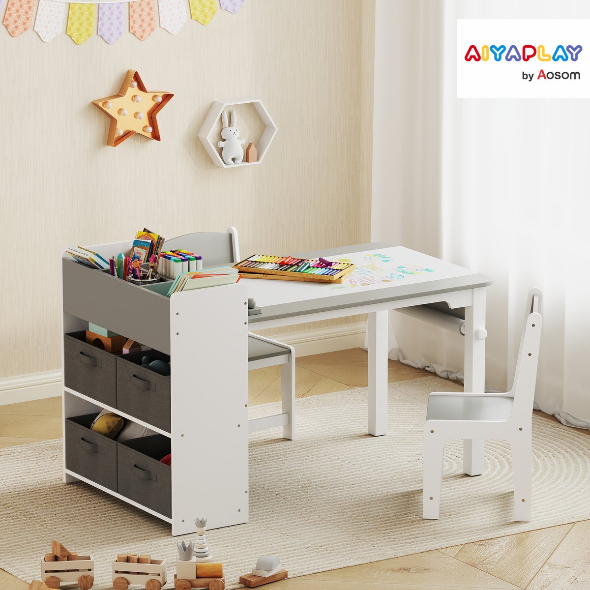 Ensemble table et chaises pour enfants MDF gris, blanc, AIYAPLAY
