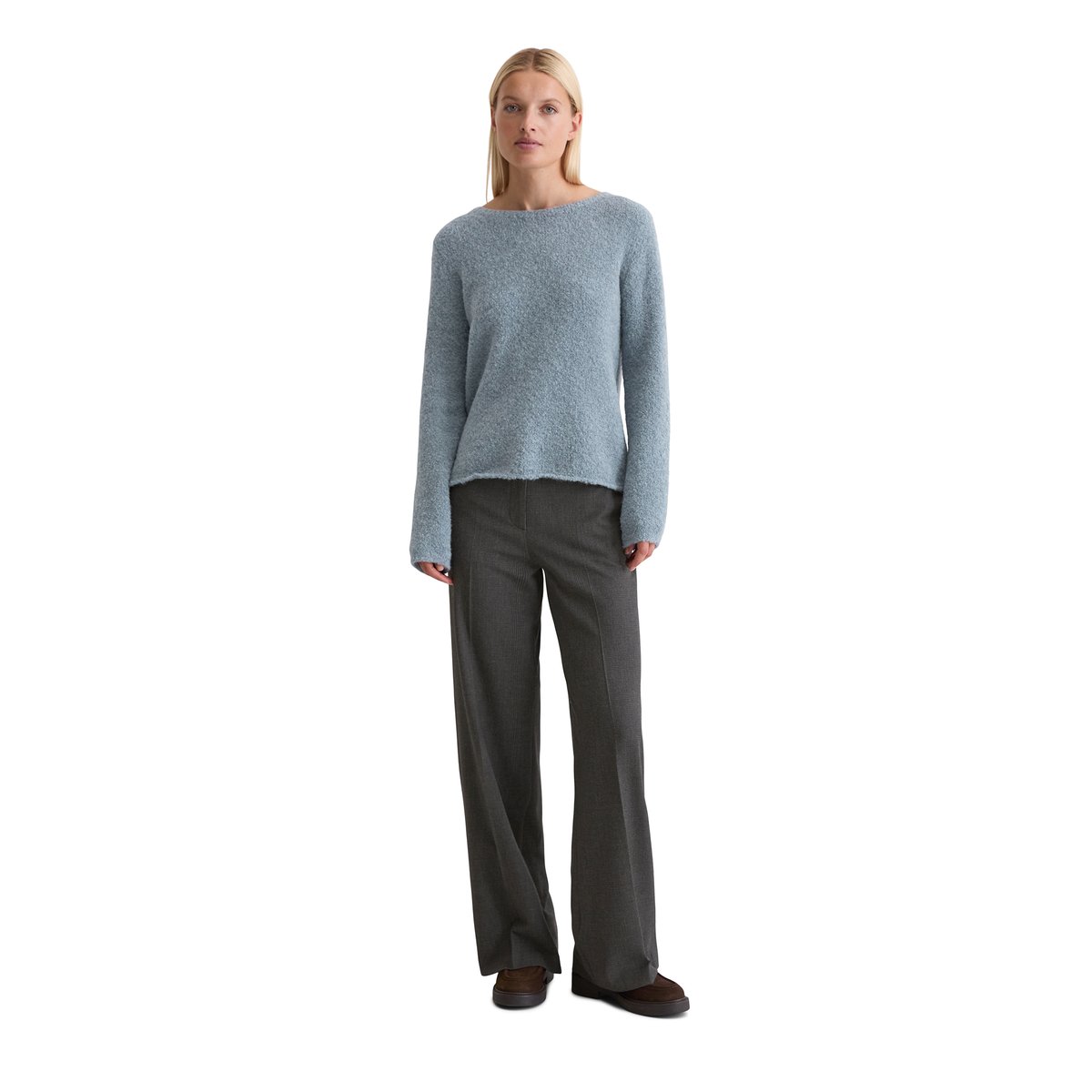 Pull bouclette regular en mélange de laine vierge et de laine d'alpaga bleu moyen, MARC O'POLO