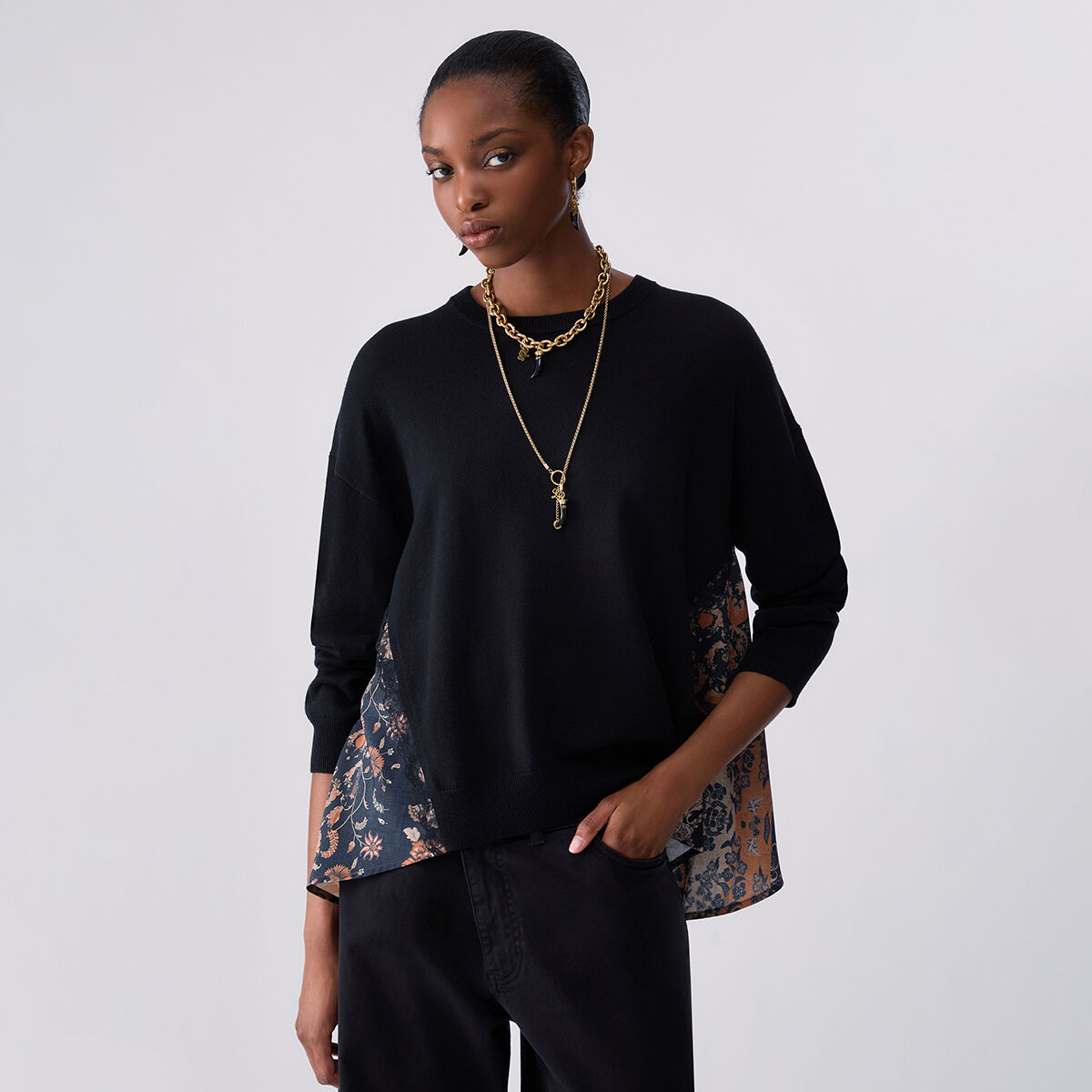 Pull avec inserts en satin noir et beige, LIU JO