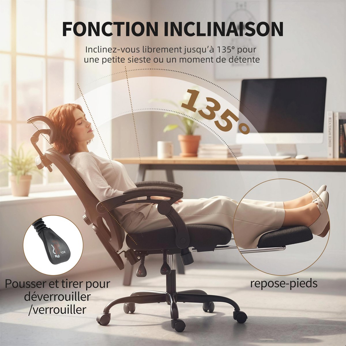 Chaise de bureau Maille (100 % polyester) noir, HOMCOM