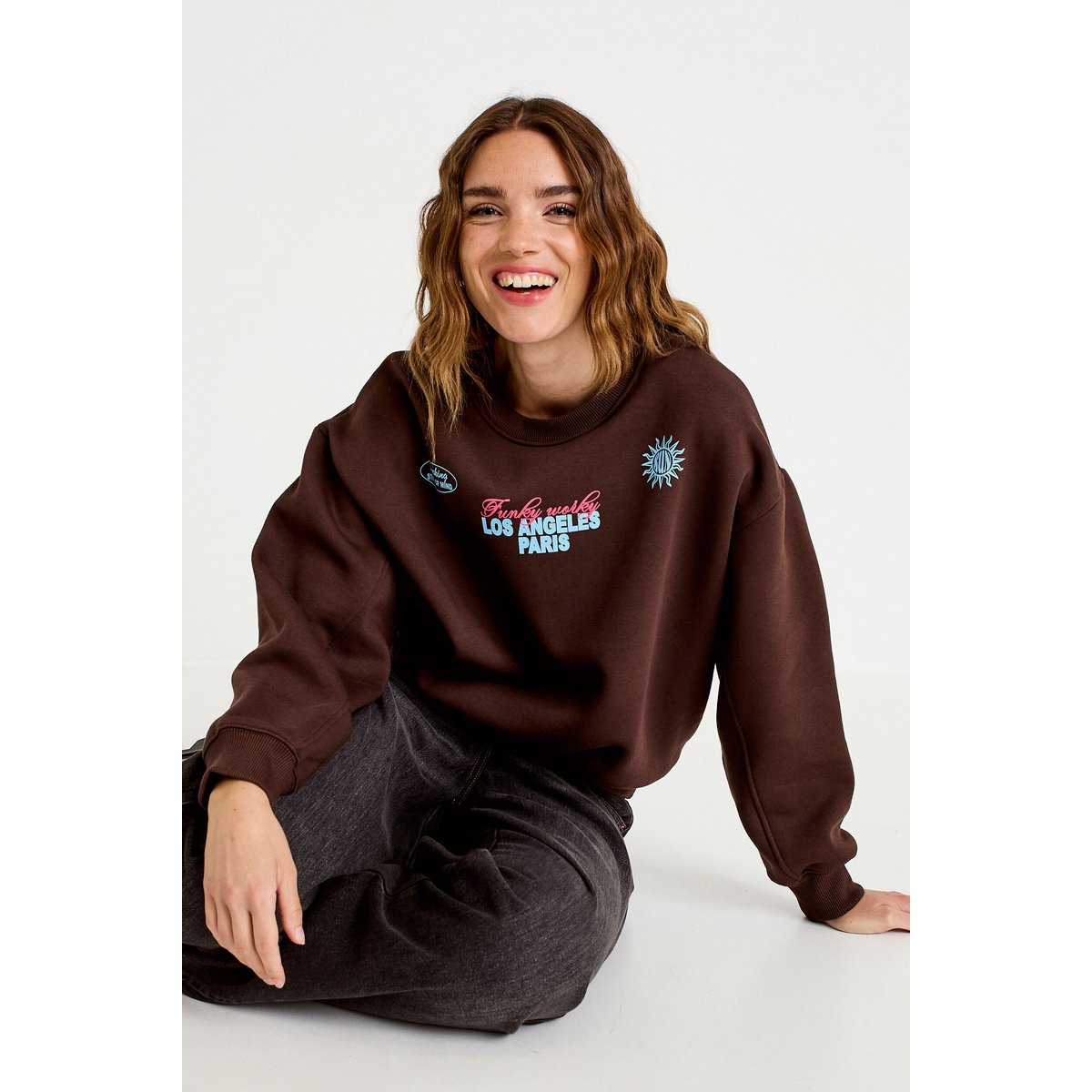 Sweat col rond manches longues marron foncé, CACHE CACHE