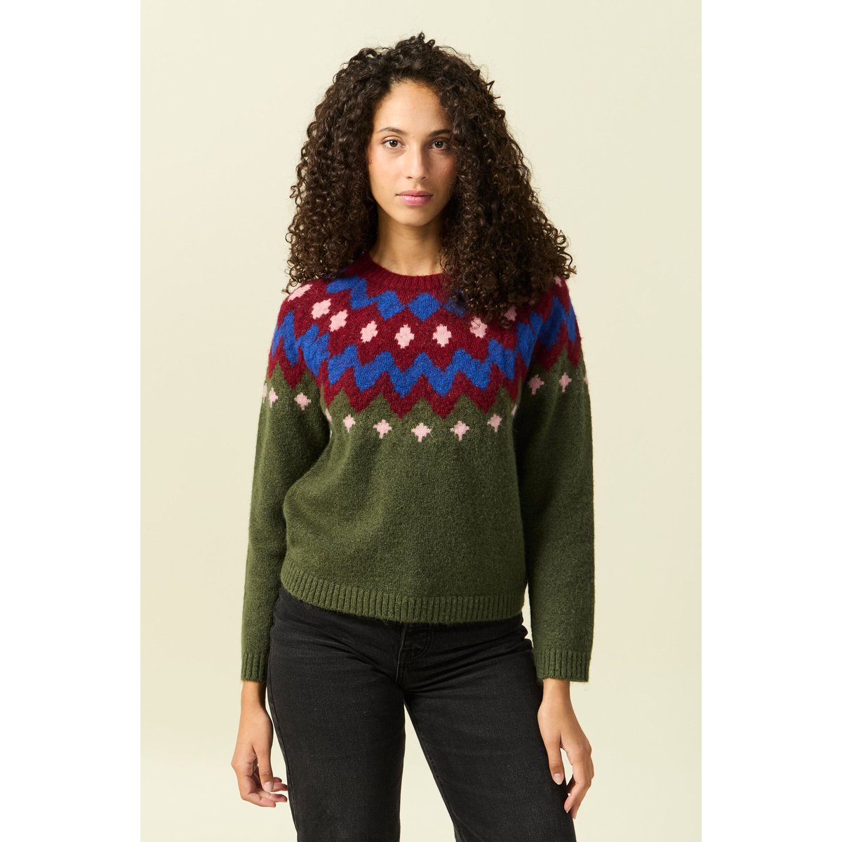 Pull col rond manches longues vert kaki, BONOBO