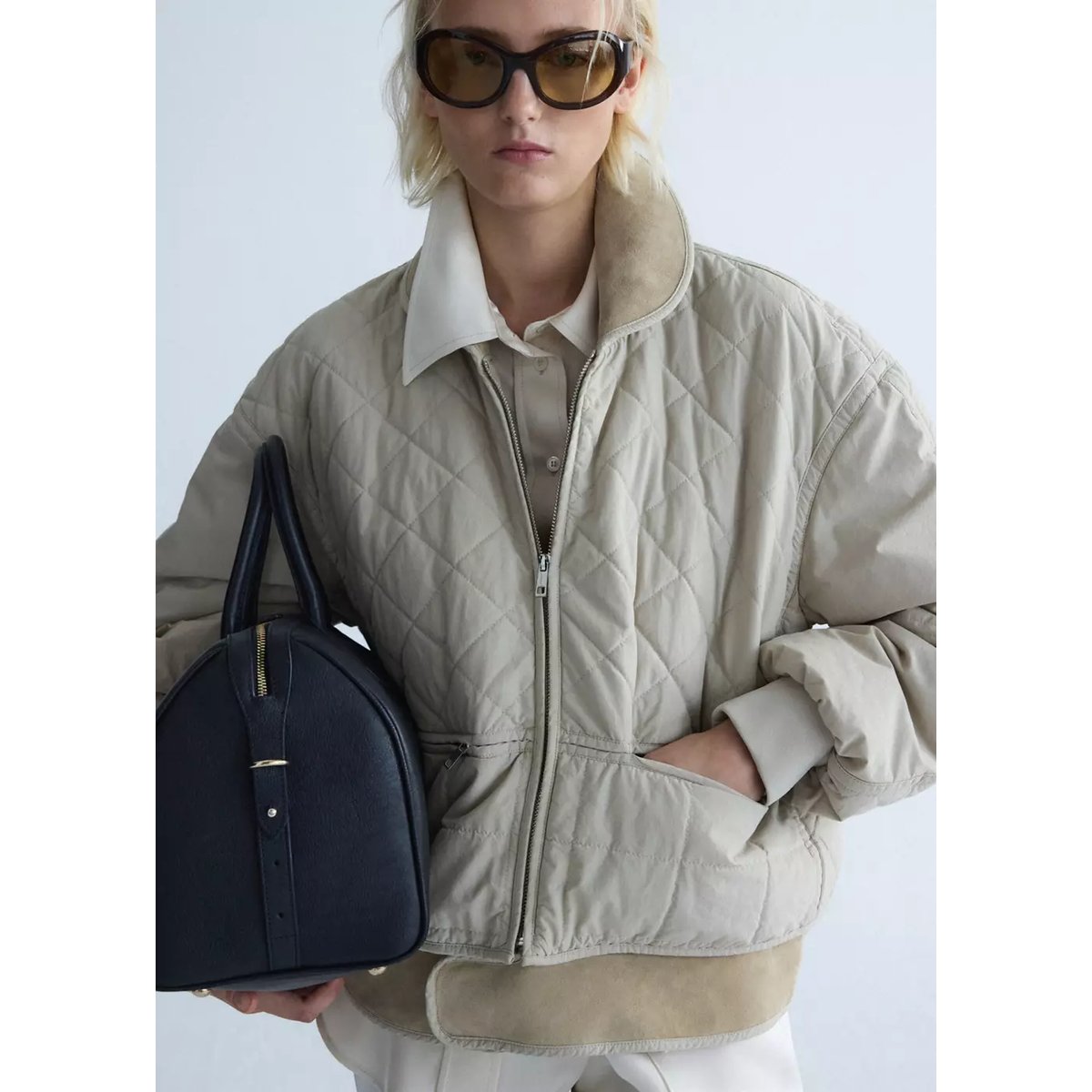 Veste matelassée empiècement cuir beige, MANGO