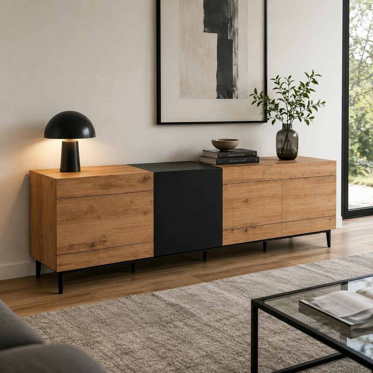 Buffet moderne 4 portes décor bois et noir ALVA bois naturel, PIER IMPORT