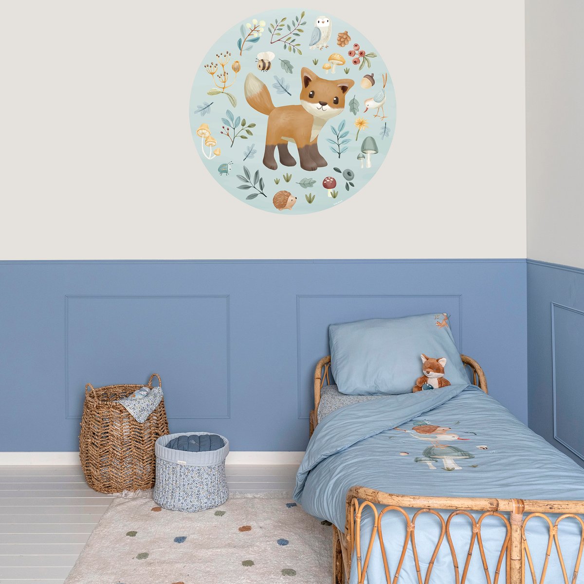 Papier peint rond pour enfant Petit renard bleu, marron, LITTLE DUTCH