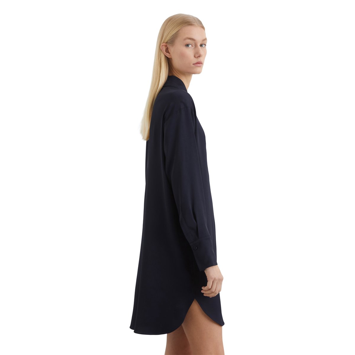 Robe chemisier en satin regular en viscose stretch fluide bleu foncé, MARC O'POLO