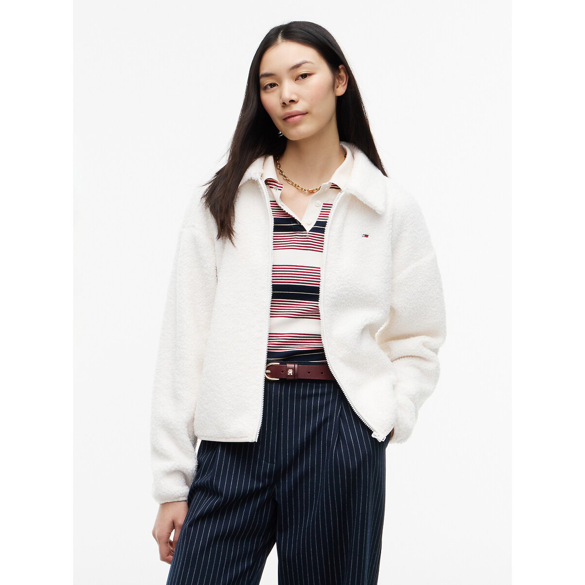 Gilet zippé manches longues en sherpa ecru, TOMMY JEANS