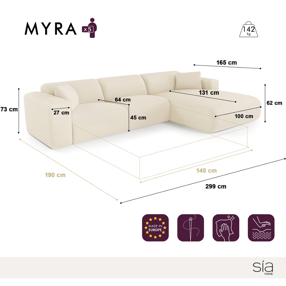 Canapé angle droit convertible 5 places en velours côtelé MYRA crème, SIA HOME
