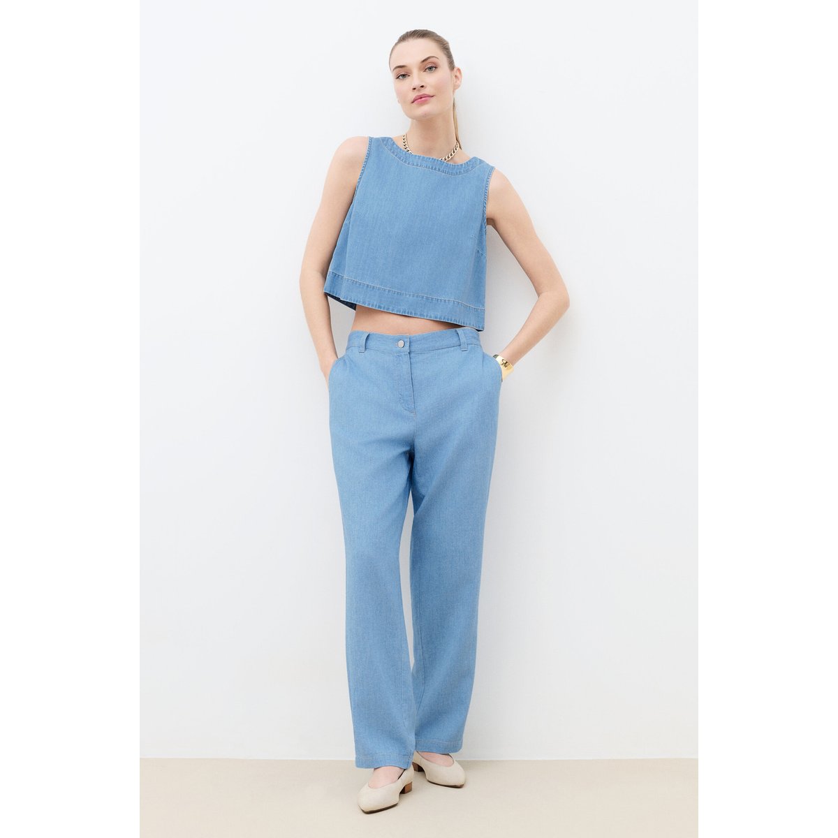 Pantalon 7 huit lin PILLYDENIM bleu ciel, CAROLL