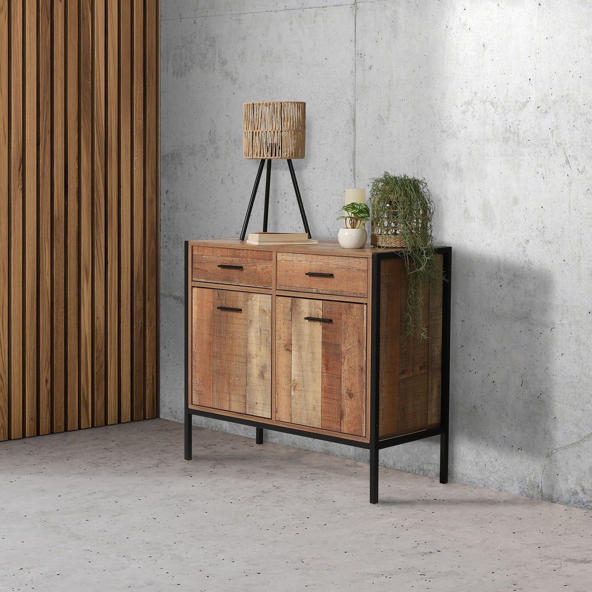 Commode 2 tiroirs et 2 portes design industriel RIVERSIDE marron, TOILINUX