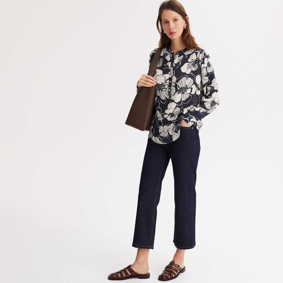 Floral Grandad Collar Blouse star print/navy background, ANNE WEYBURN