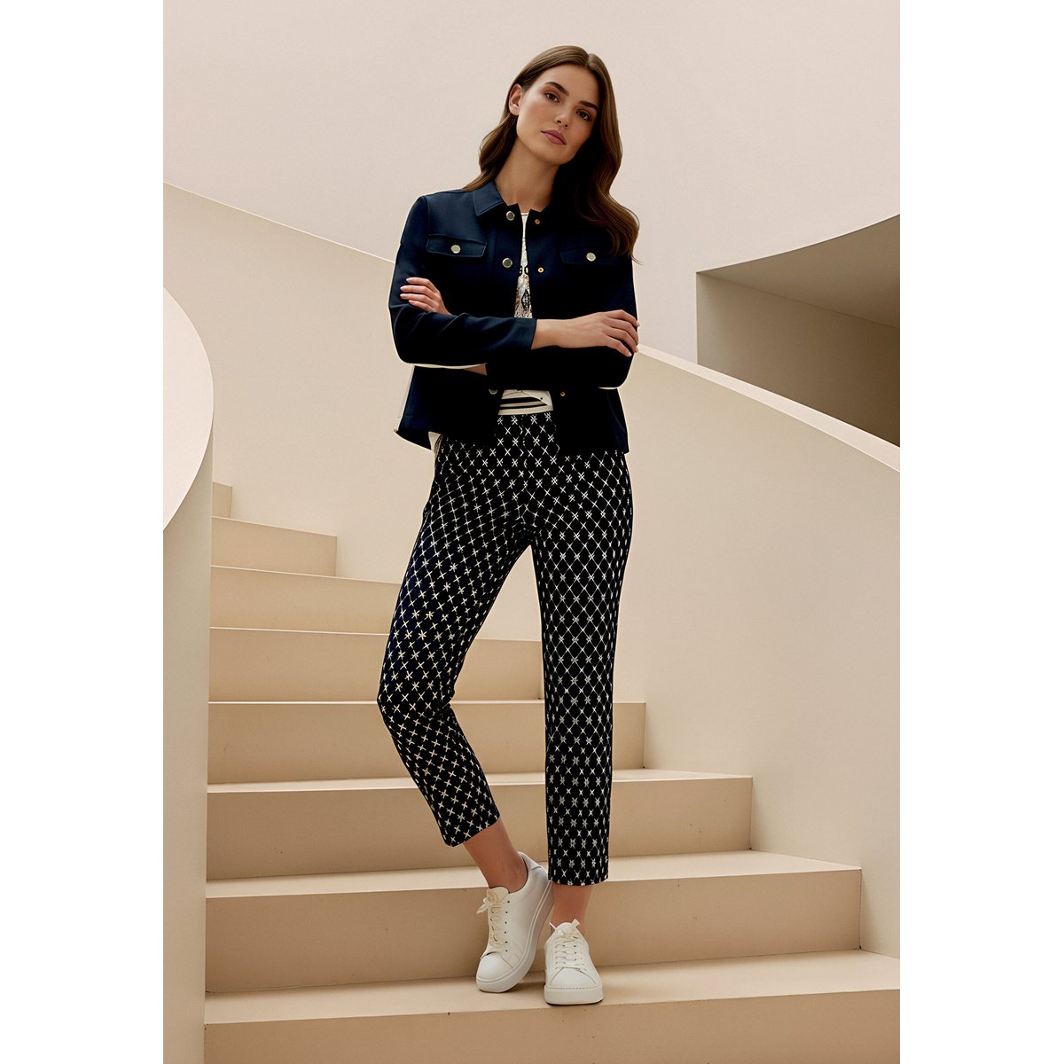 Pantalon casual coupe slim fit bleu/blanc, BETTY BARCLAY