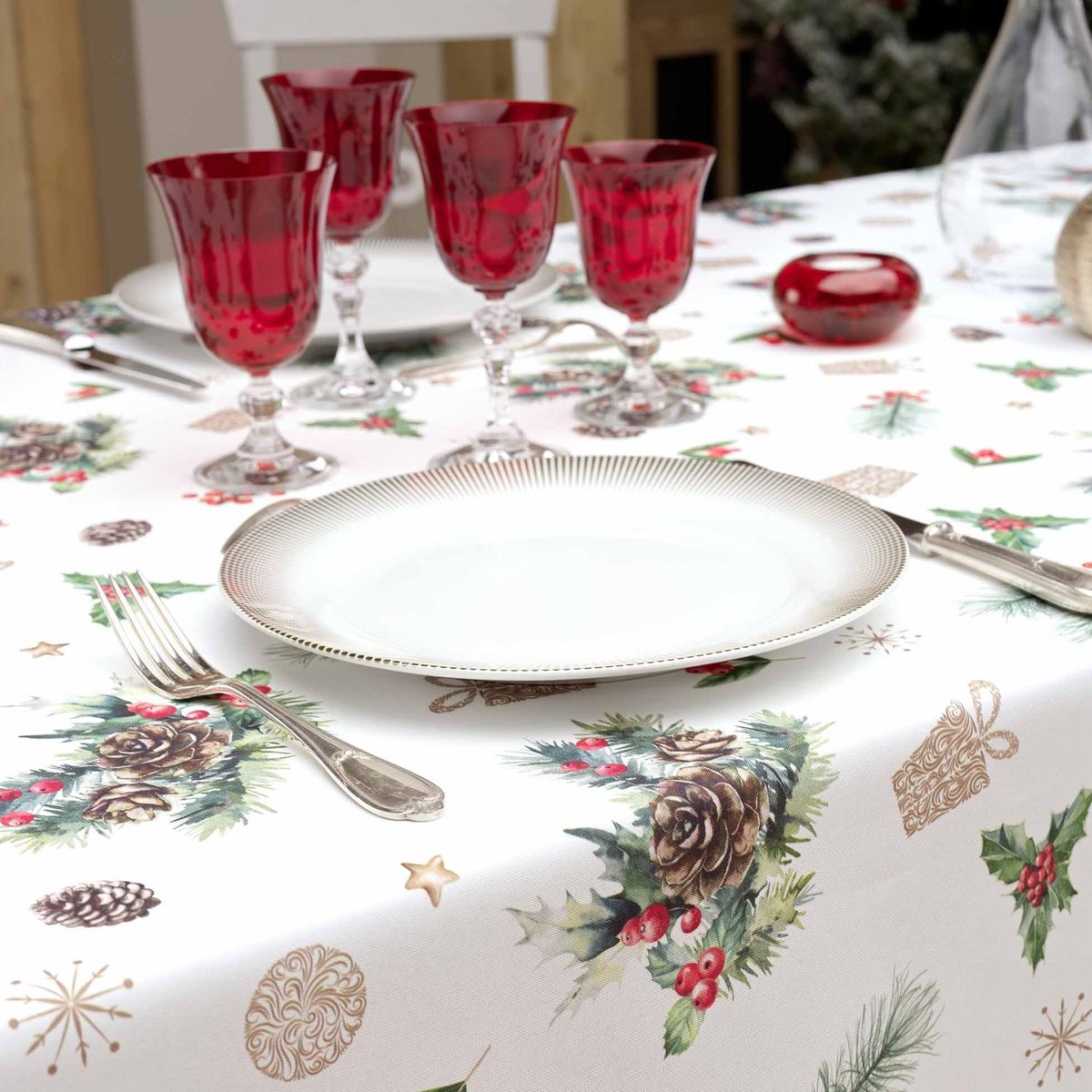 Nappe rectangulaire antitache et infroissable FLORE D'HIVER blanc, TOILINUX