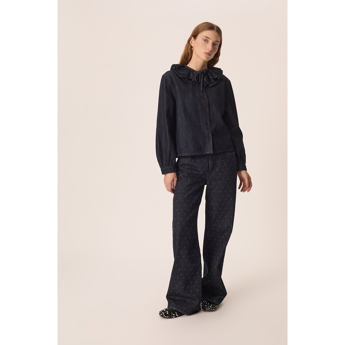 Jeansbluse mit Rüschenkragen, LOUIZIANNE denim, DES PETITS HAUTS