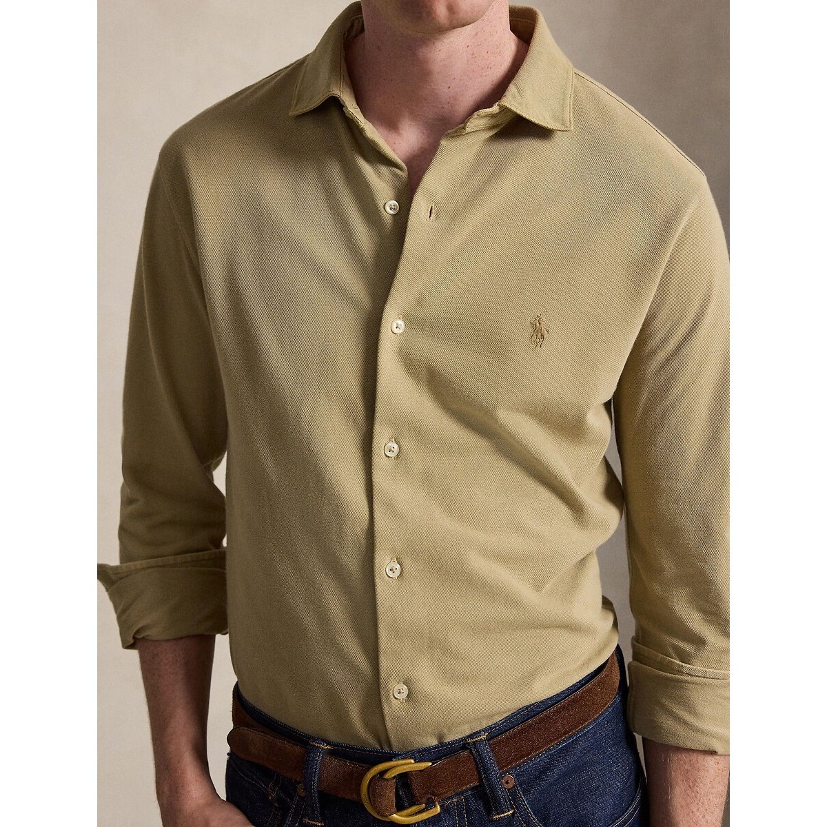 Camisa ligera de piqué de algodón beige caqui, POLO RALPH LAUREN